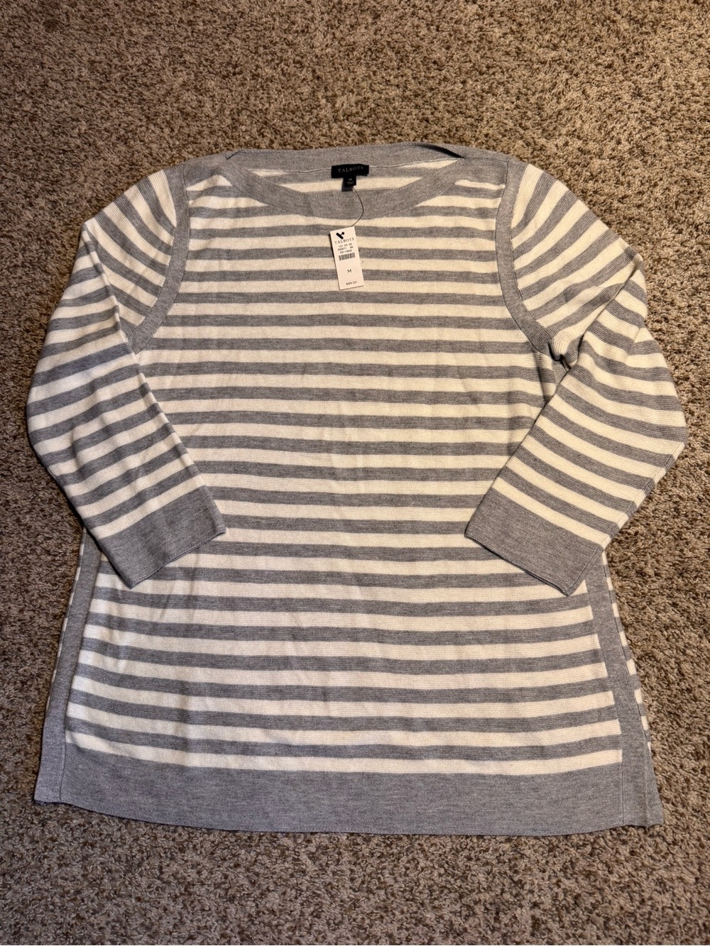 NWT Talbots Gray & Creamy White Striped Boatneck Sweater - M